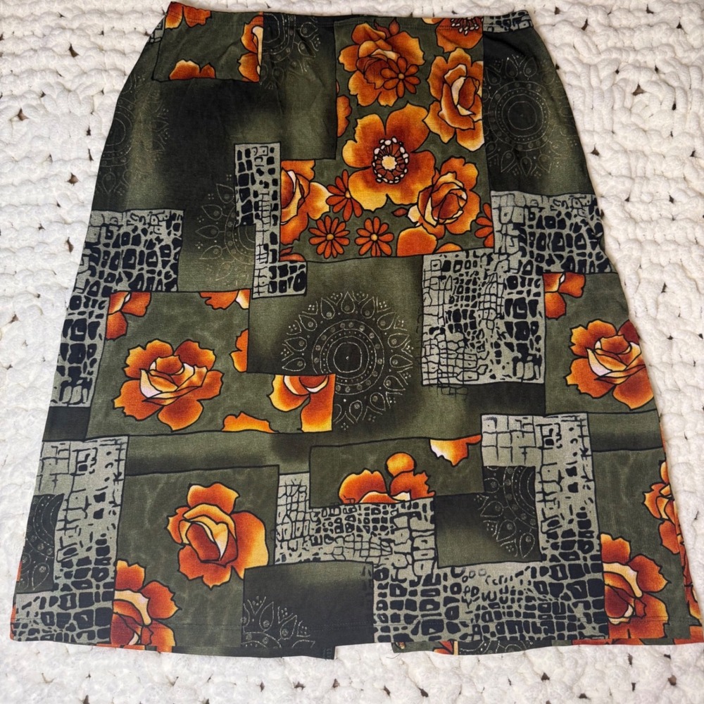 Luca Y2K Patchwork Midi Skirt Large Olive Green Orange Floral Boho Slinky Slit